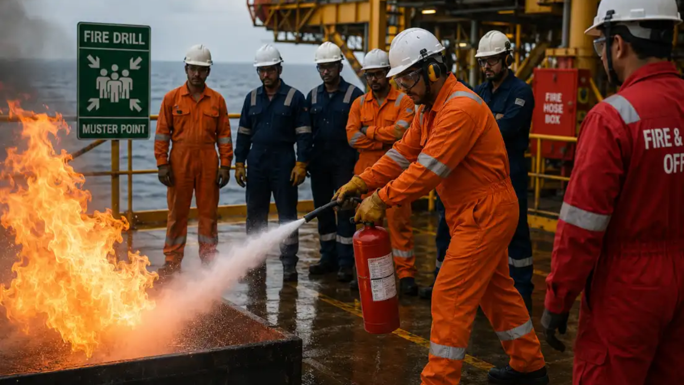 Offshore fire safety drill