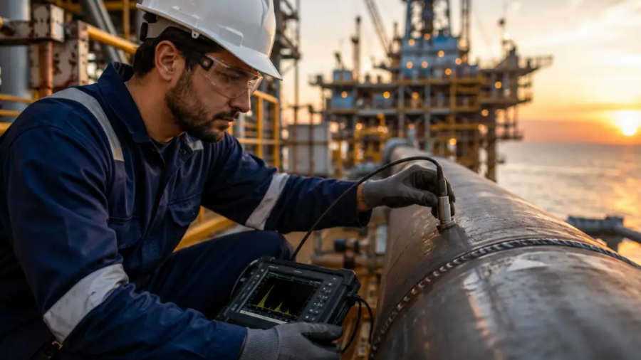 NDT technician performing ultrasonic inspection