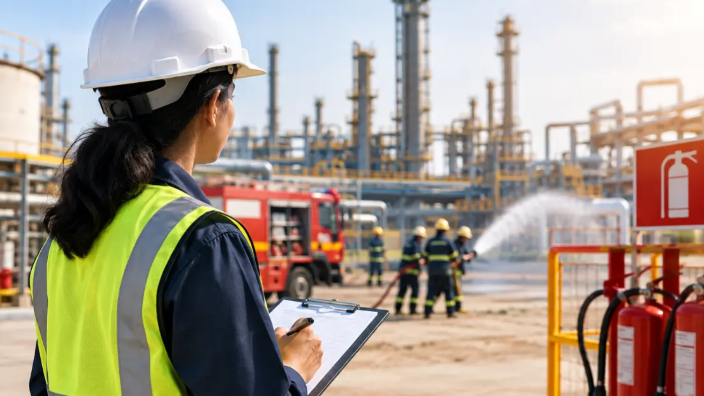 Fire and safety career professional inspecting an industrial site.