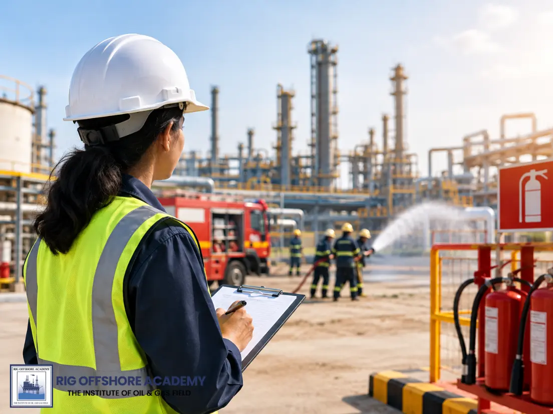 Fire and safety career professional inspecting an industrial site.