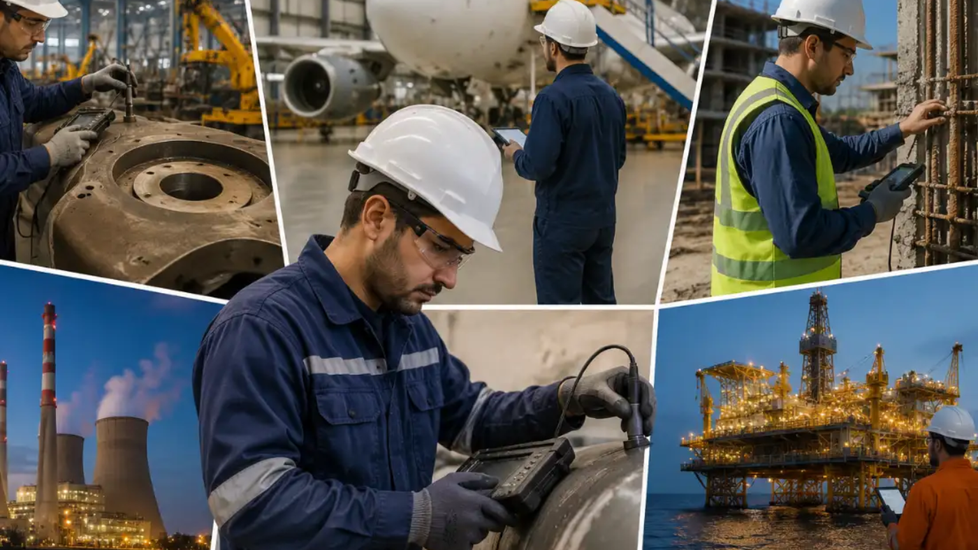 NDT technicians inspecting industrial equipment.